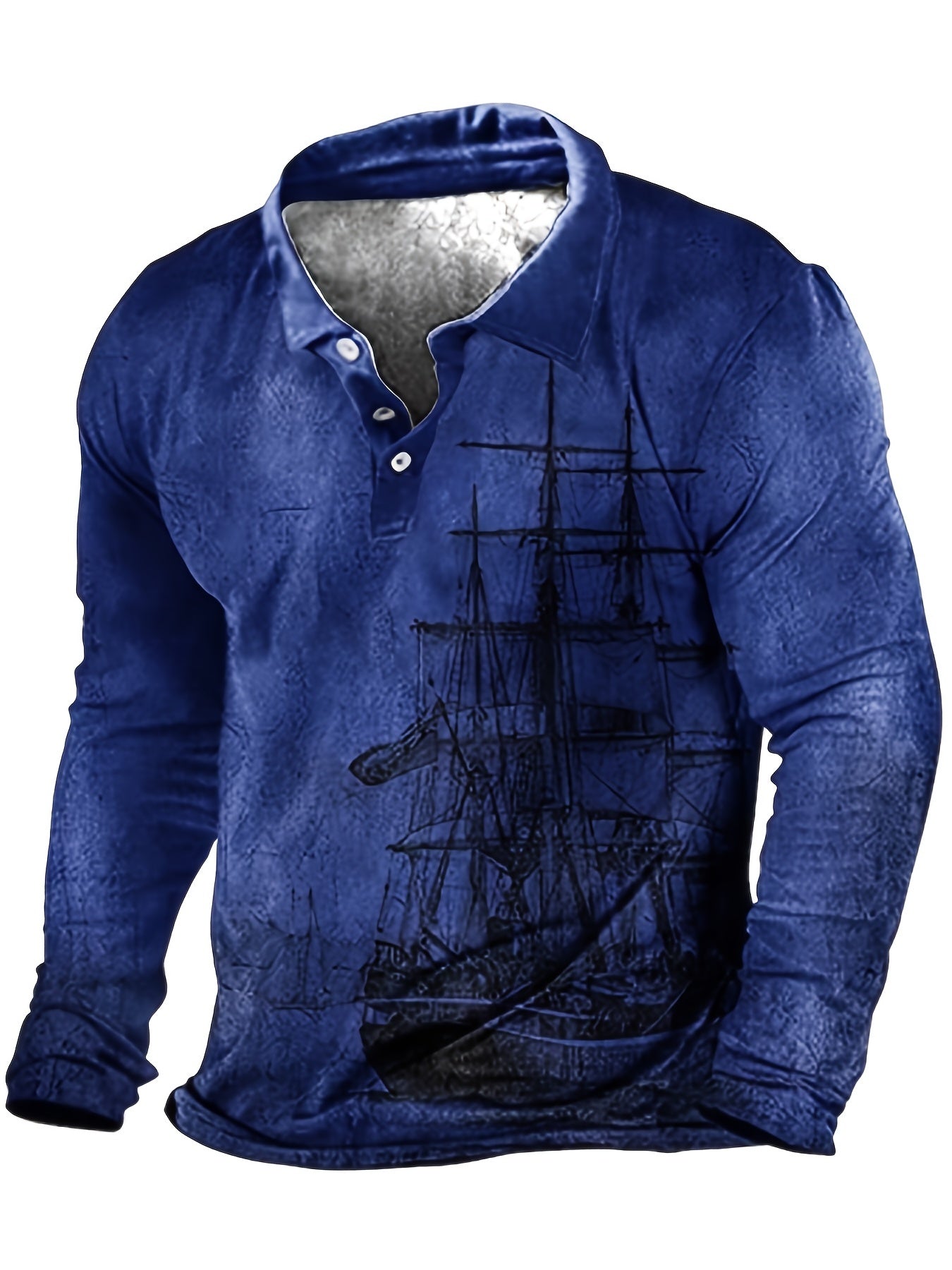Plus Size Mens Fashion 3D Sailboat Print Lapel Shirt - Oversized Long Sleeve Golf Inspired - Premium Comfort for Spring/Autumn Wear - Trendy Casual Clothing for Males - Snug & Style