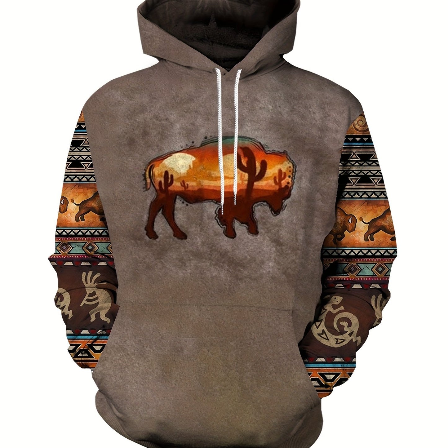 Plus Size Mens Fashion Hoodie with Bold Ethnic Prints & Intricate Bull Skull Design - Warm, Stylish Sweatshirt for Fall Winter - Comfortable Mens Apparel - Snug & Style