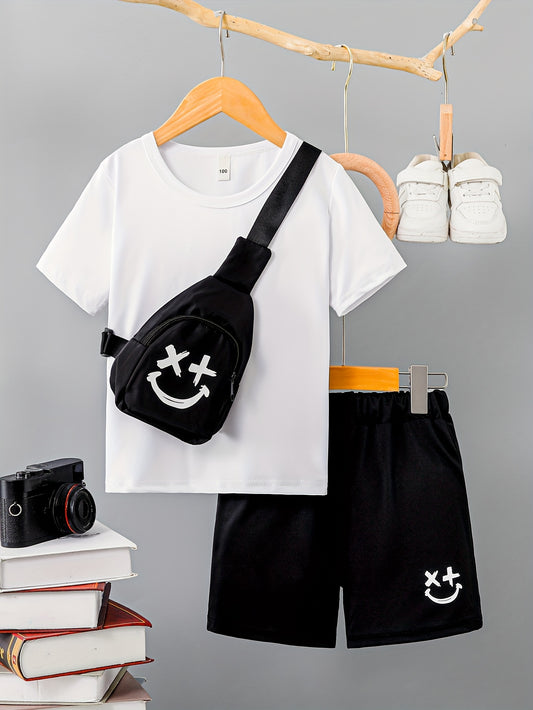 3-Pack Boys Trendy Summer Outfit - Soft Cotton Blend Solid T-shirts with Fun Smile Face Shorts & Handy Crossbody Bag - Comfortable, Lightweight, Perfect for Playtime - Snug & Style