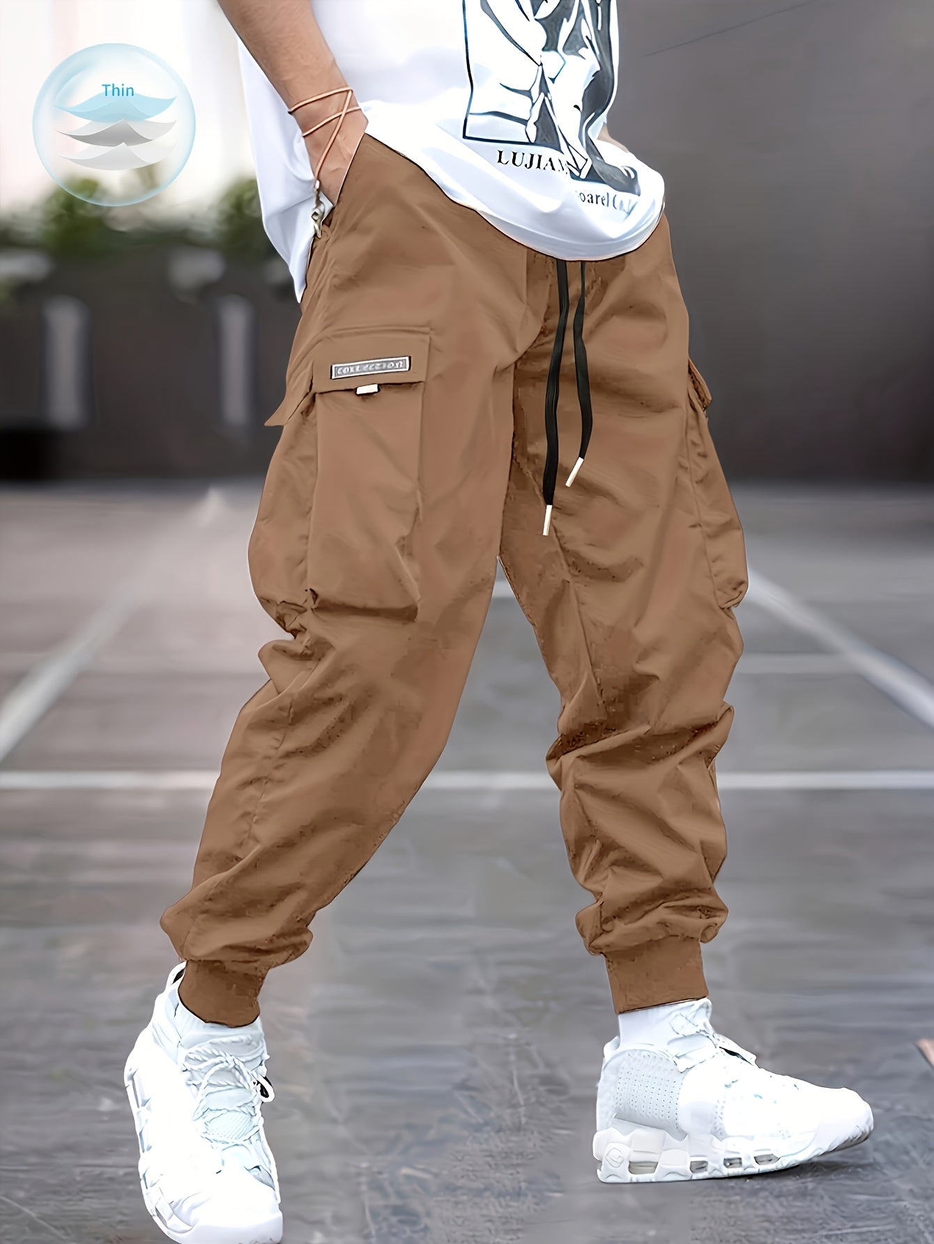Lightweight Design| Men's Olive Green Cargo Pants - Lightweight Polyester, Casual Style with Multiple Pockets and Drawstring Waist, Perfect for Spring/Fall, Spring Fall Attire|Drawstring Waistband|Smooth Texture Fabric - Snug & Style