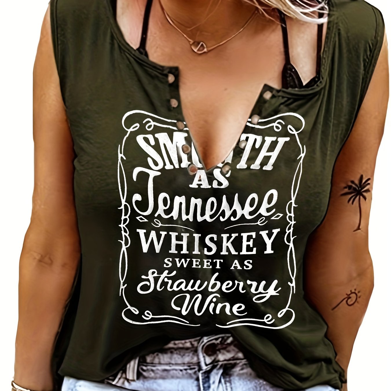Smooth As Tennessee Whiskey, Sweet As Strawberry Wine" Women's Sleeveless V-Neck Tank Top - Casual, Machine Washable, Polyester Blend with Ring Detail - Perfect for Country Music Nights, Country Music T Shirts - Snug & Style
