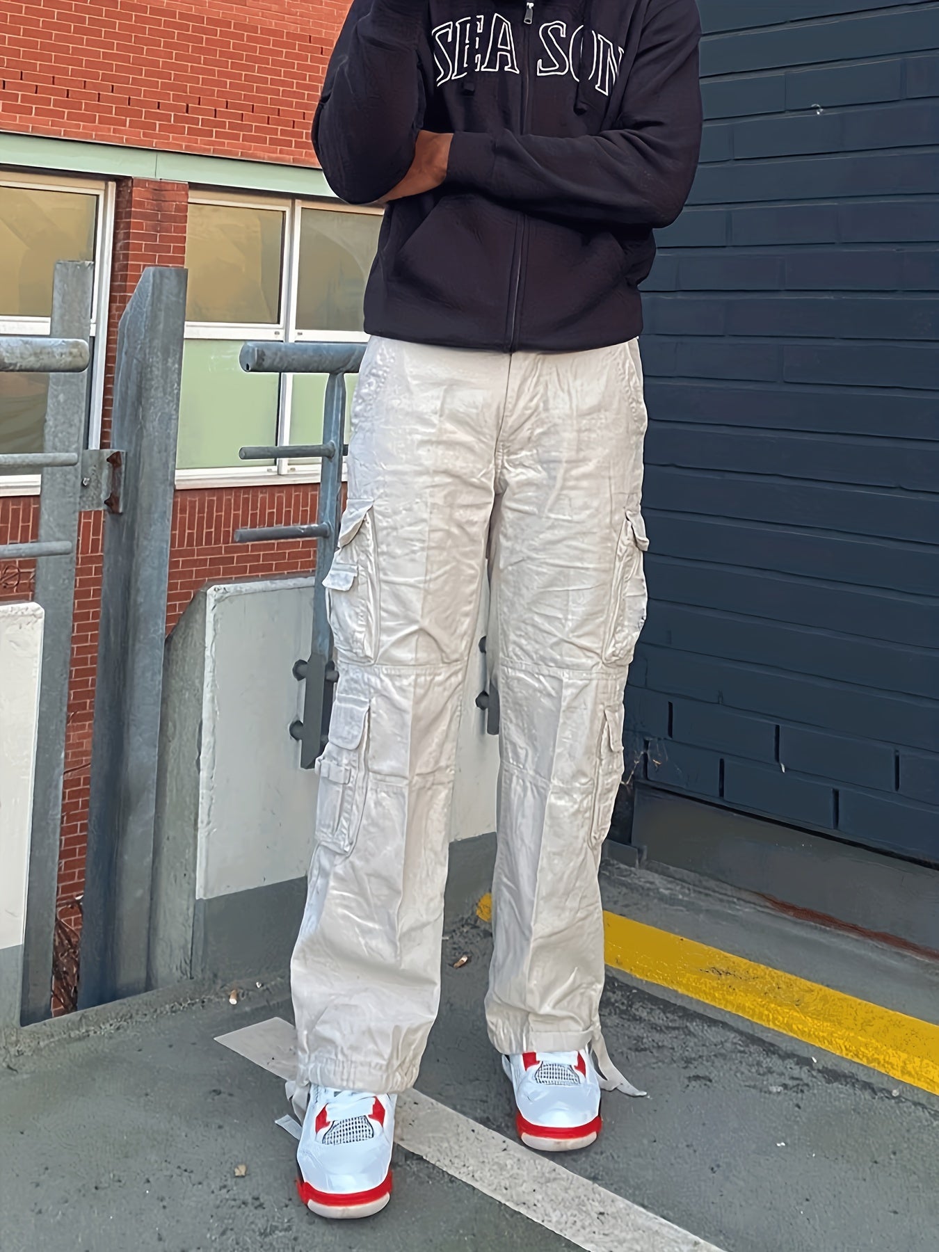 Cotton Solid Multi Flap Pockets Men's Straight Leg Cargo Baggy Pants, Loose Casual Outdoor Pants, Men's Work Pants For Hiking Fishing Angling - Snug & Style