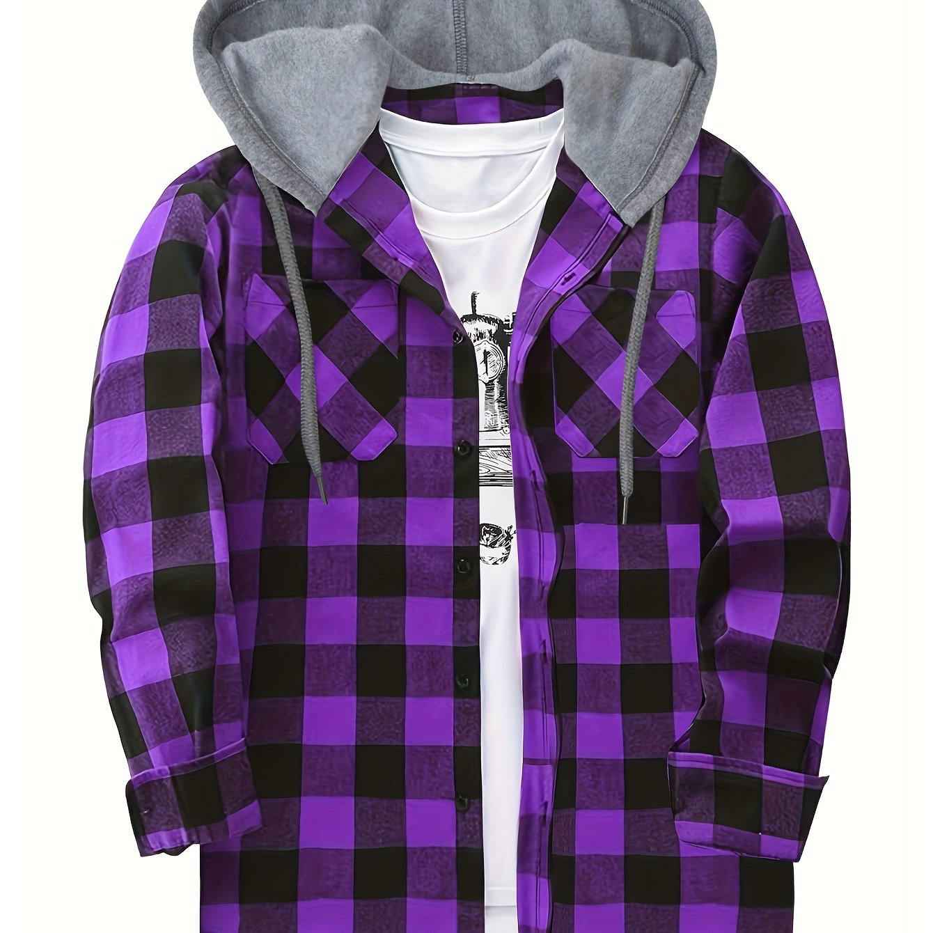 Long Sleeve Casual Regular Fit Button Up Hooded Shirts Jacket, Plaid Shirt Coat For Men - Snug & Style