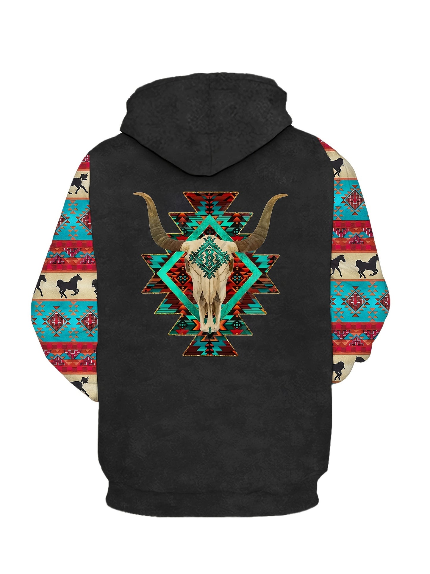 Plus Size Mens Fashion Hoodie with Bold Ethnic Prints & Intricate Bull Skull Design - Warm, Stylish Sweatshirt for Fall Winter - Comfortable Mens Apparel - Snug & Style