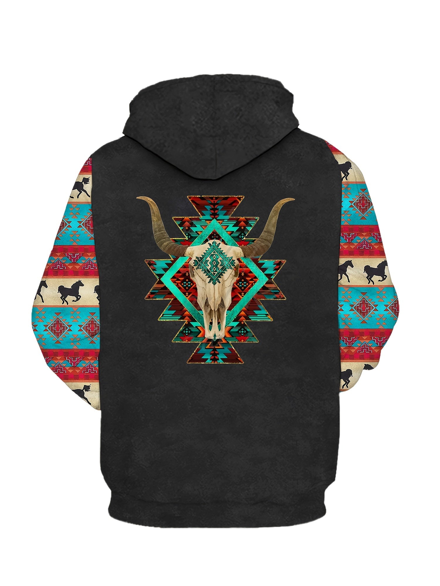 Plus Size Mens Fashion Hoodie with Bold Ethnic Prints & Intricate Bull Skull Design - Warm, Stylish Sweatshirt for Fall Winter - Comfortable Mens Apparel - Snug & Style
