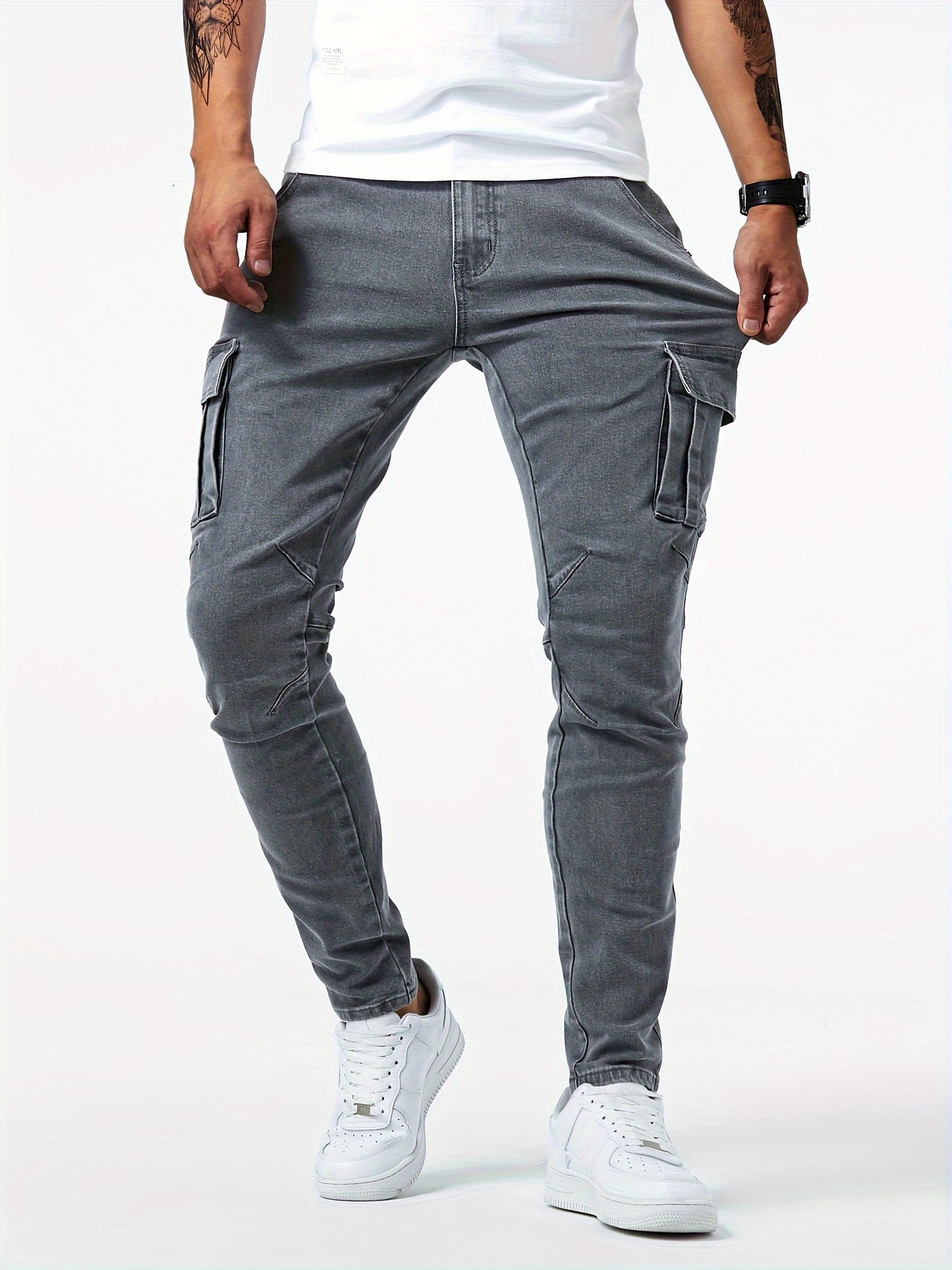 Slim Fit Cargo Jeans, Men's Casual Street Style Multi Pocket High Stretch Denim Pants For Spring Summer - Snug & Style