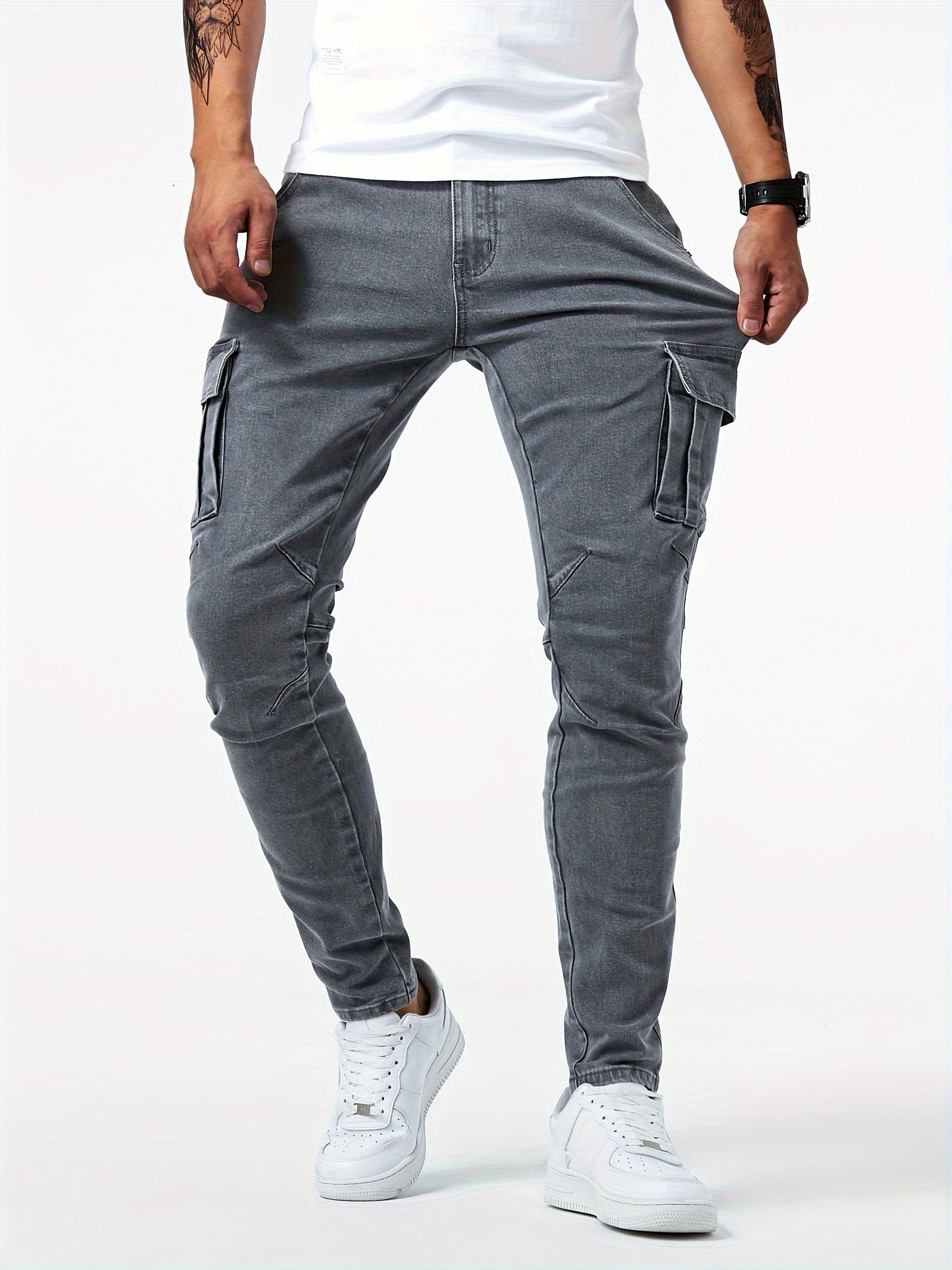 Slim Fit Cargo Jeans, Men's Casual Street Style Multi Pocket High Stretch Denim Pants For Spring Summer - Snug & Style