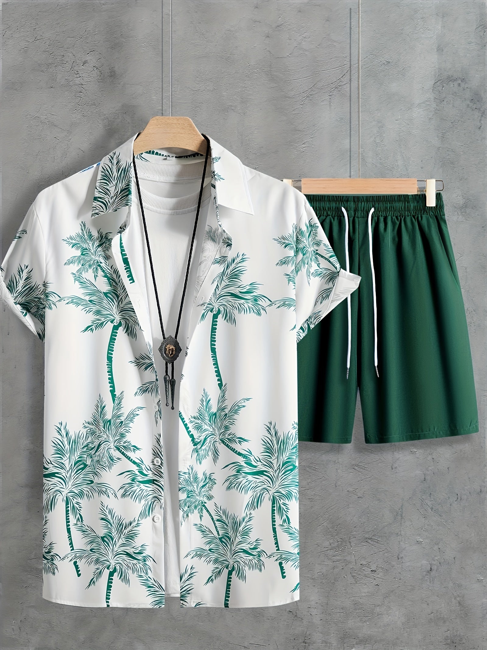 Coconut Tree Print, Men's 2Pcs Outfits, Casual Camp Collar Lapel Button Up Short Sleeve Shirts Hawaii Shirt And Drawstring Shorts Set For Summer, Men's Clothing - Snug & Style