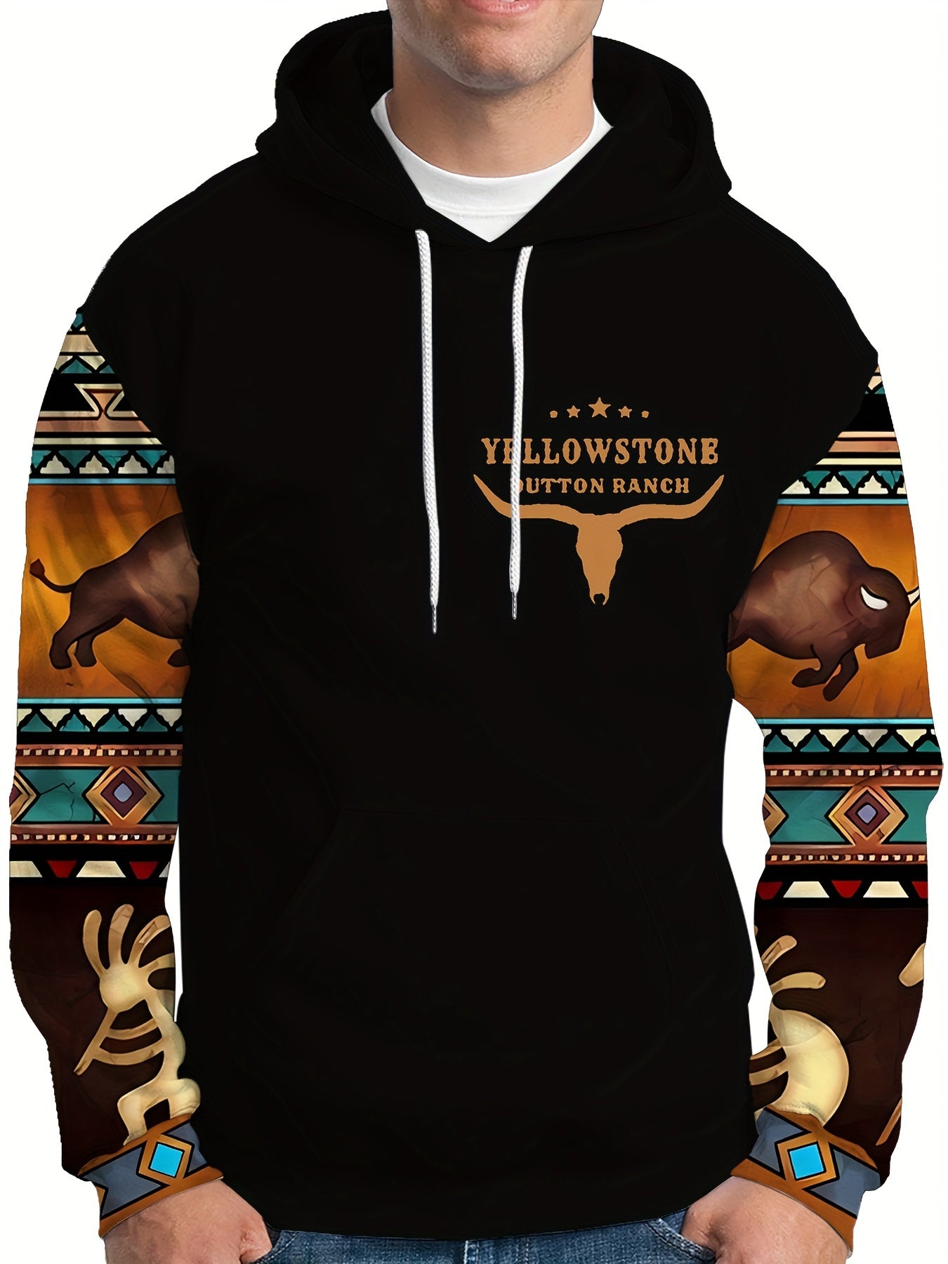 Plus Size Mens Fashion Hoodie with Bold Ethnic Prints & Intricate Bull Skull Design - Warm, Stylish Sweatshirt for Fall Winter - Comfortable Mens Apparel - Snug & Style