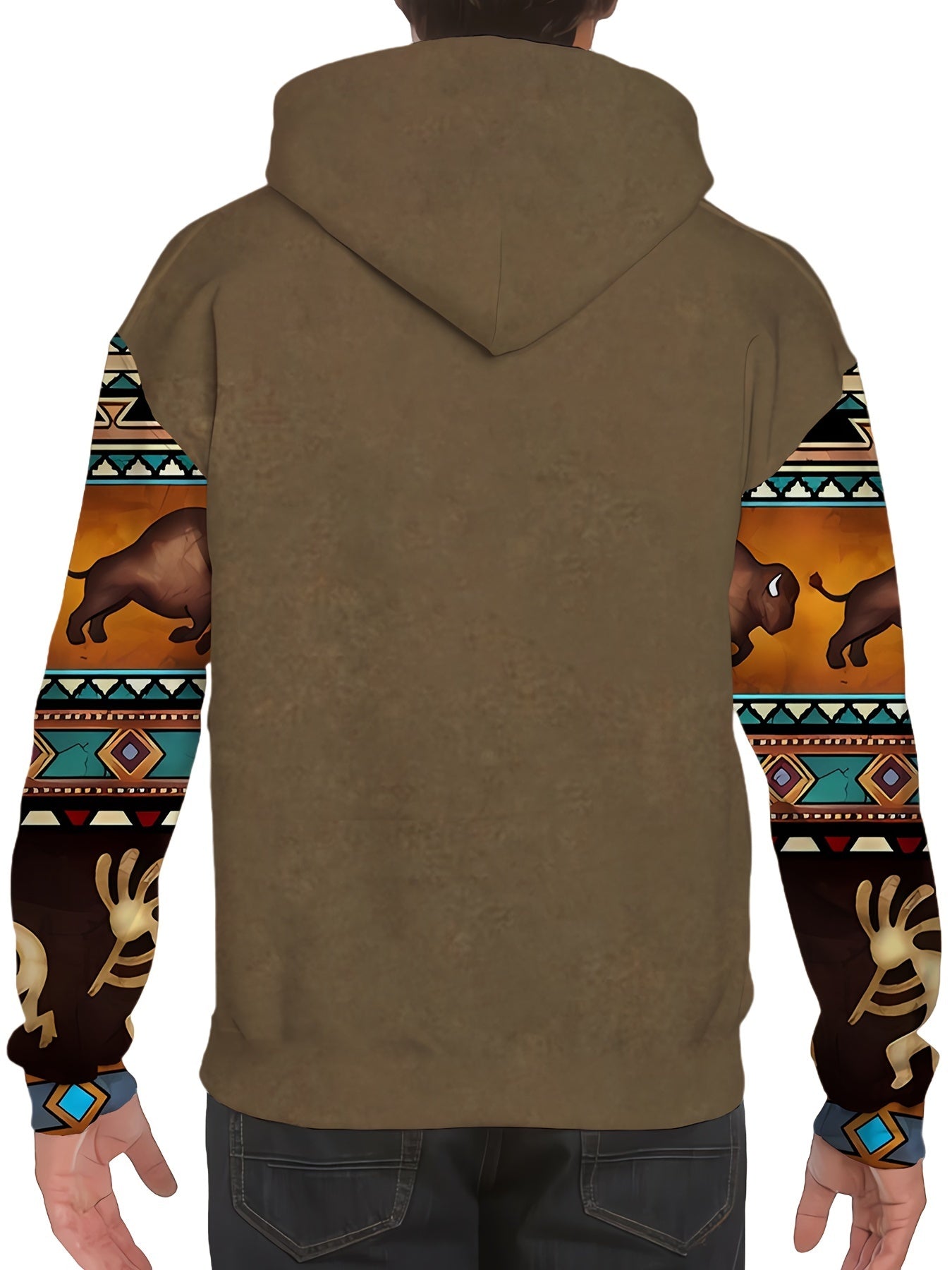 Plus Size Mens Fashion Hoodie with Bold Ethnic Prints & Intricate Bull Skull Design - Warm, Stylish Sweatshirt for Fall Winter - Comfortable Mens Apparel - Snug & Style