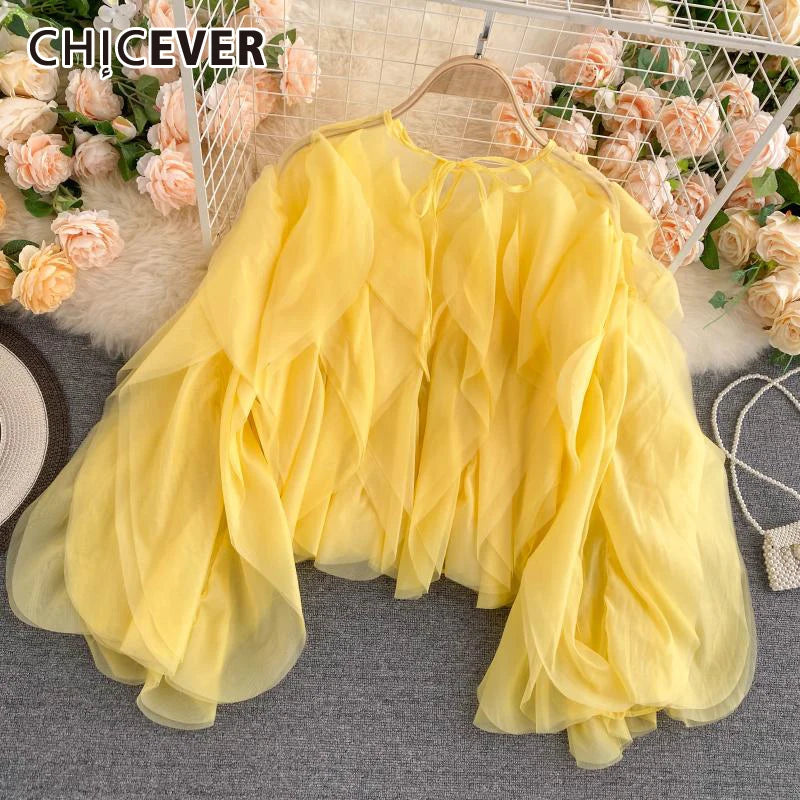 CHICEVER Elegant Shirts For Women O Neck Lantern Long Sleeve Asymmetrical Patchwork Ruffles Mesh Plus Size Blouses Female 2022 - Snug & Style
