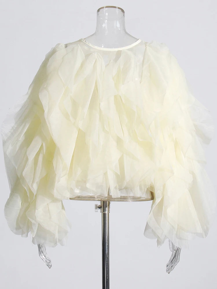 CHICEVER Elegant Shirts For Women O Neck Lantern Long Sleeve Asymmetrical Patchwork Ruffles Mesh Plus Size Blouses Female 2022 - Snug & Style