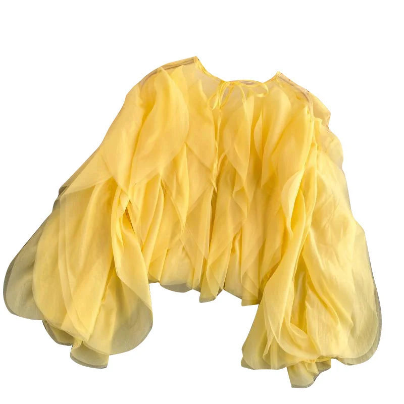 CHICEVER Elegant Shirts For Women O Neck Lantern Long Sleeve Asymmetrical Patchwork Ruffles Mesh Plus Size Blouses Female 2022 - Snug & Style