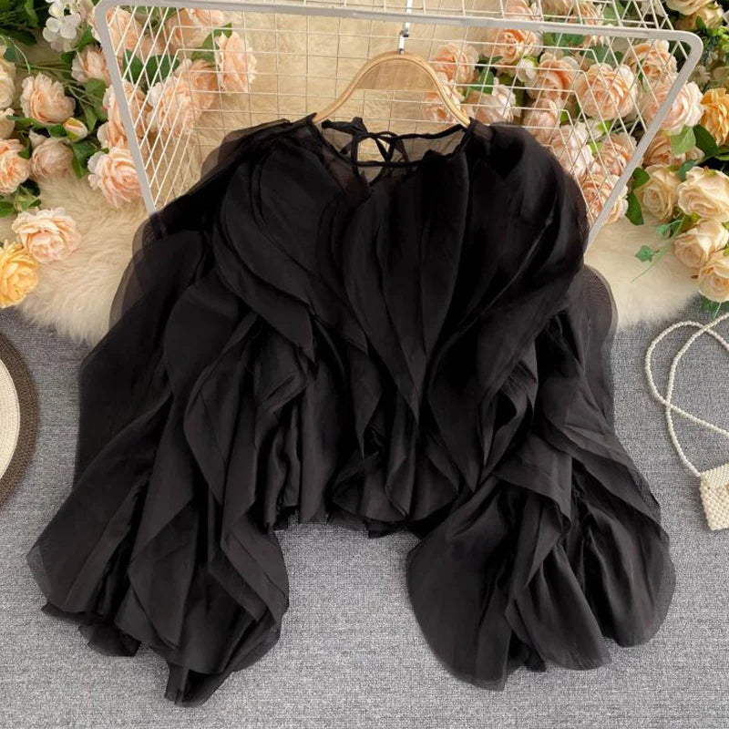 CHICEVER Elegant Shirts For Women O Neck Lantern Long Sleeve Asymmetrical Patchwork Ruffles Mesh Plus Size Blouses Female 2022 - Snug & Style