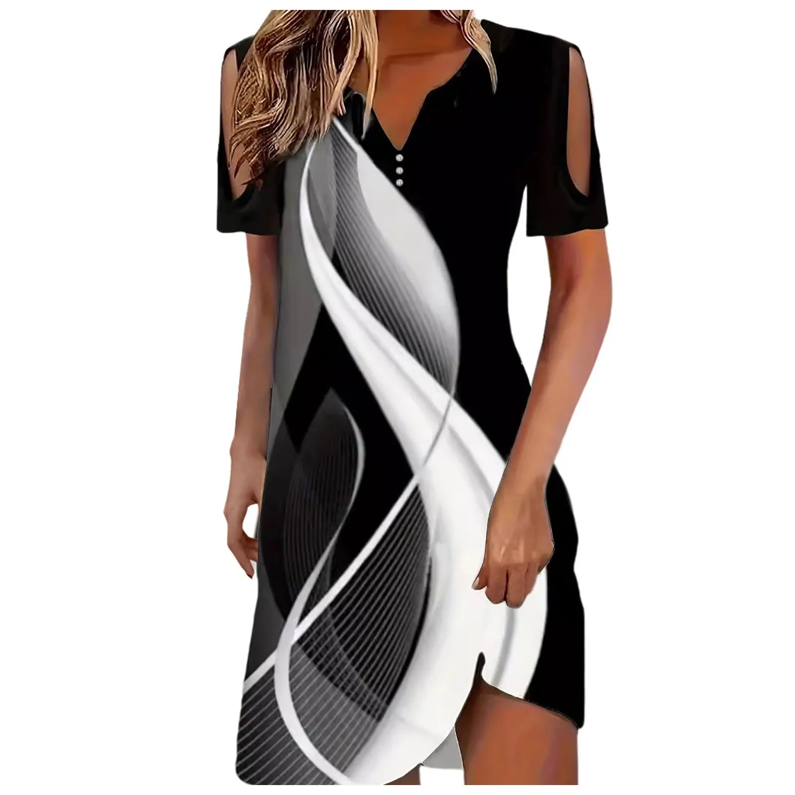 Dresses For Women Summer Casual Plus Size Women Fashion Printed V Neck Cut Out Sleeve Short Sleeved Casual Button платье женское - Snug & Style