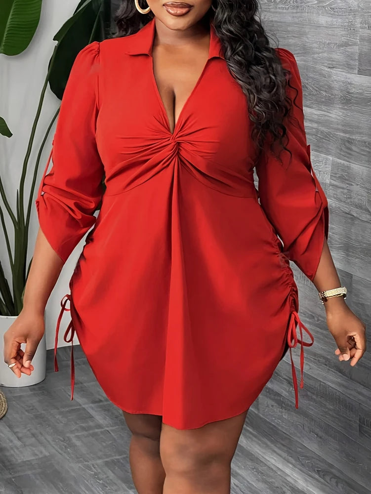 Plus Size Women's Elegant Long Sleeve Shirt Dress for Work, Party and Dating Twisted Front Waist Drawstring, Spring and Autumn - Snug & Style