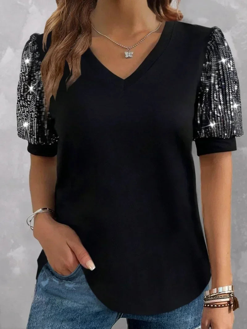 Plus Size 1XL-5XL Women's Color Blocking Sequin T-shirt Summer Lantern Sleeve V-neck Casual Top - Snug & Style