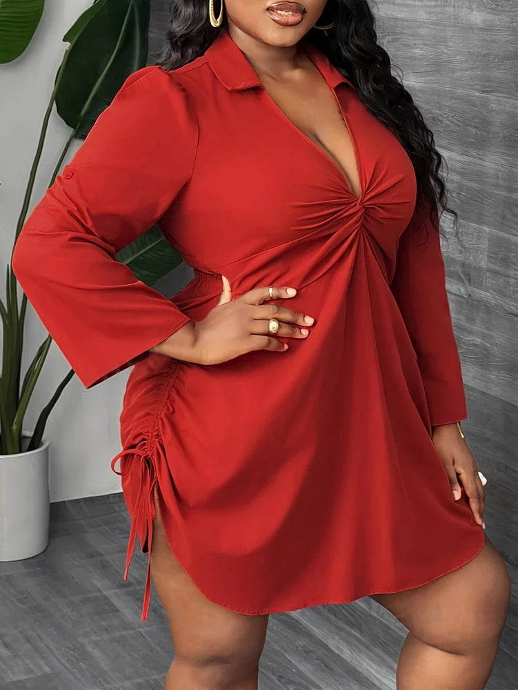 Plus Size Women's Elegant Long Sleeve Shirt Dress for Work, Party and Dating Twisted Front Waist Drawstring, Spring and Autumn - Snug & Style