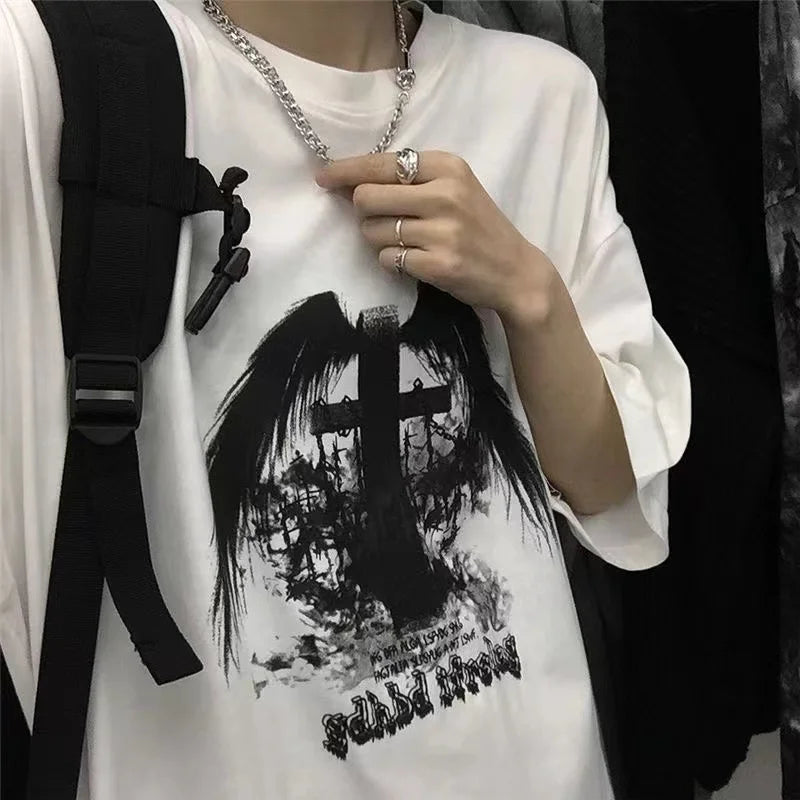 Men T-shirts 2023 Summer Streetwear High Street Gothic Skull Tshirt Loose Oversized Short-sleeved T shirt Dark Anime Men Y2k Top - Snug & Style