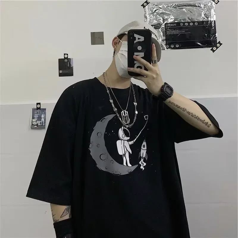 Men T-shirts 2023 Summer Streetwear High Street Gothic Skull Tshirt Loose Oversized Short-sleeved T shirt Dark Anime Men Y2k Top - Snug & Style