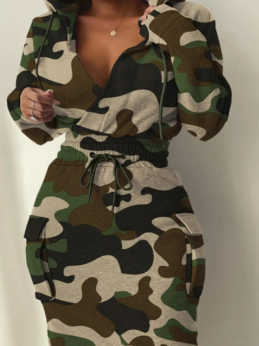 LW Plus Size Camo Print Side Pocket Design Cargo Dress 2023 Women Autumn & Winter Hooded Collar Full Print Knee Length Dresses - Snug & Style