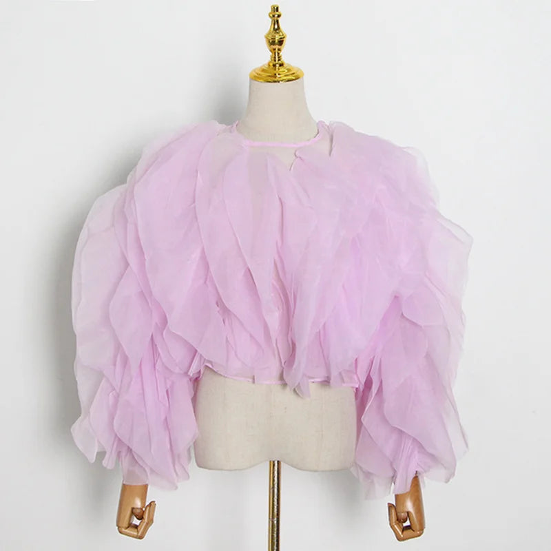 CHICEVER Elegant Shirts For Women O Neck Lantern Long Sleeve Asymmetrical Patchwork Ruffles Mesh Plus Size Blouses Female 2022 - Snug & Style