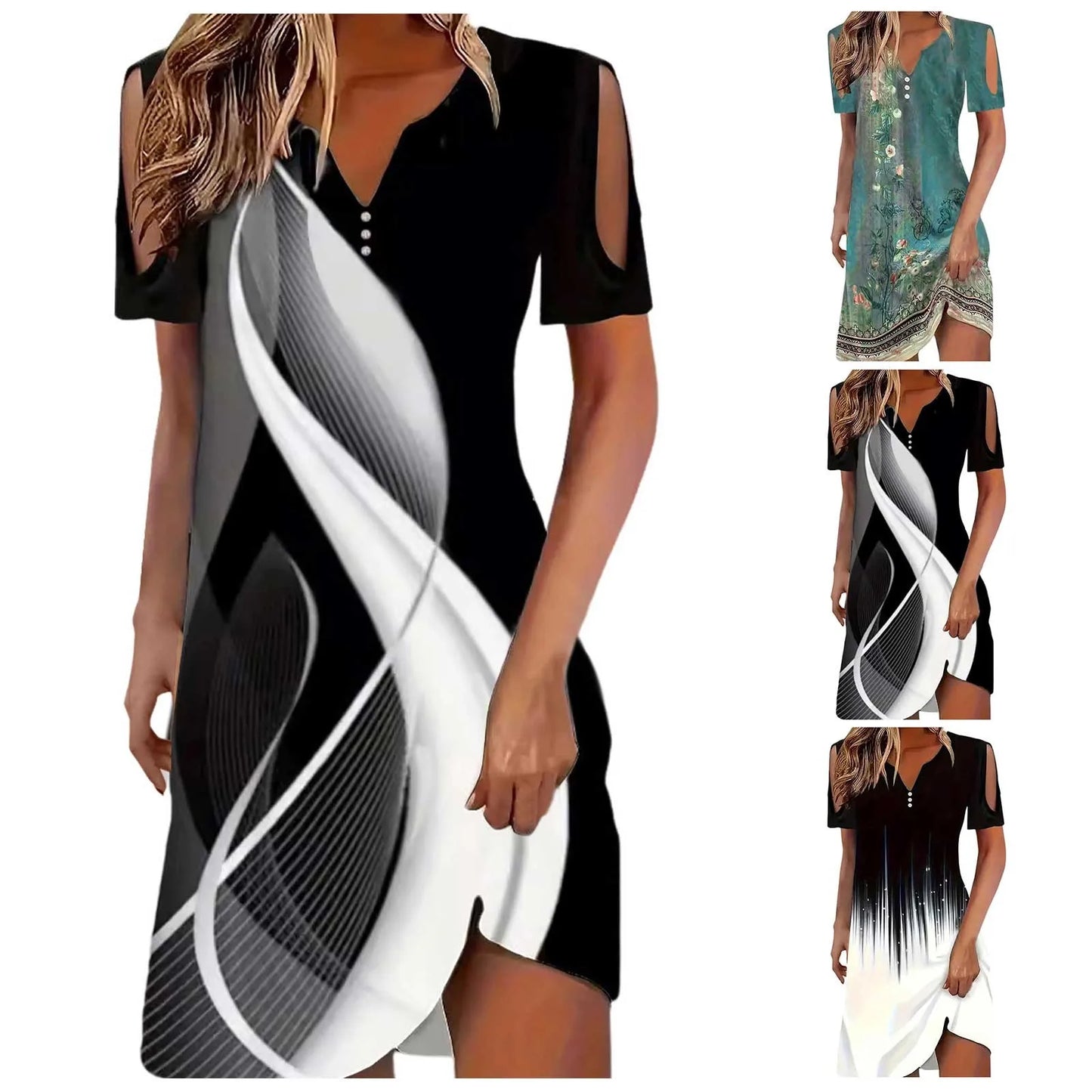 Dresses For Women Summer Casual Plus Size Women Fashion Printed V Neck Cut Out Sleeve Short Sleeved Casual Button платье женское - Snug & Style