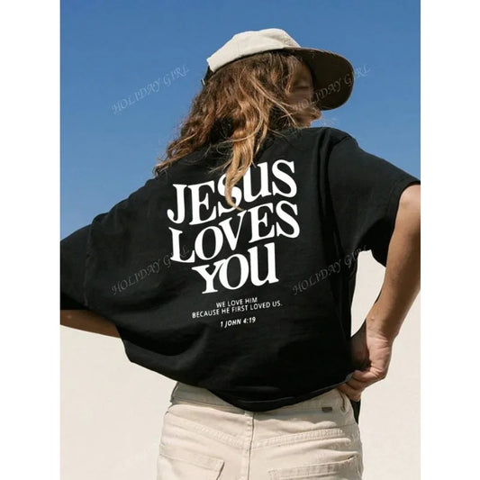 Jesus Loves You Slogan Graphic Strapless T-shirt Summer Models Y2k Personalised Sleeve O Neck T-shirt Loose Plus Size Tops - Snug & Style