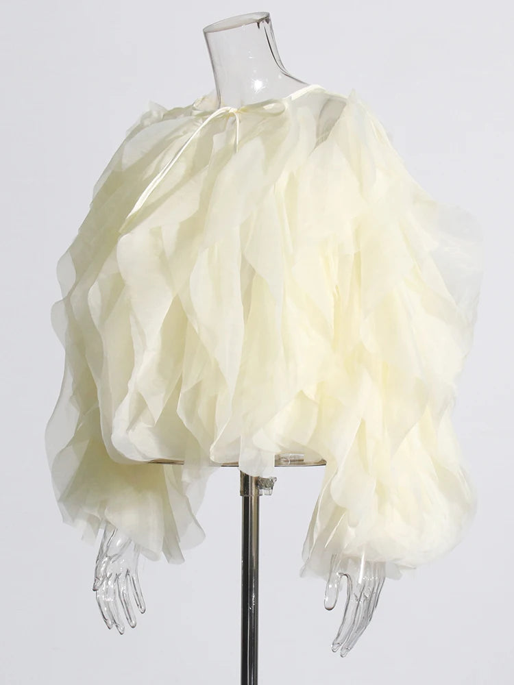 CHICEVER Elegant Shirts For Women O Neck Lantern Long Sleeve Asymmetrical Patchwork Ruffles Mesh Plus Size Blouses Female 2022 - Snug & Style