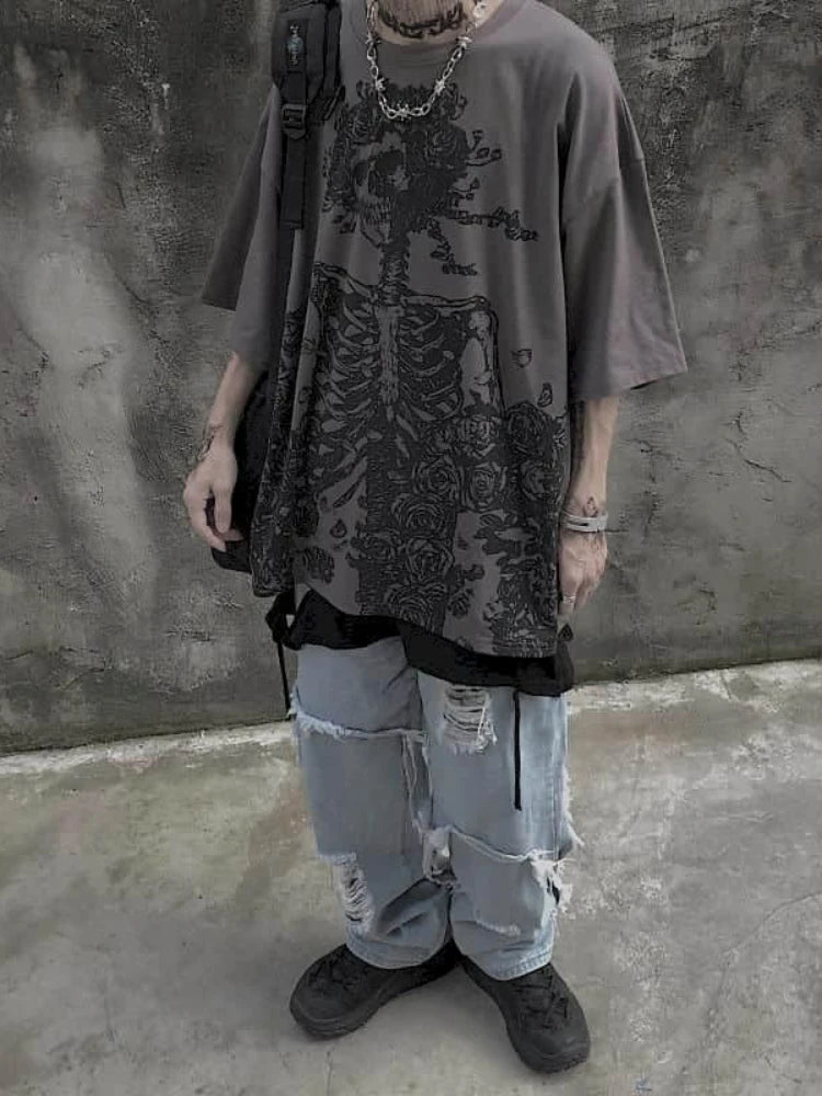 Men T-shirts 2023 Summer Streetwear High Street Gothic Skull Tshirt Loose Oversized Short-sleeved T shirt Dark Anime Men Y2k Top - Snug & Style