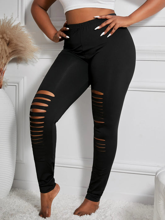 New Fashion Black Irregular Ripped Leggings Black High Stretch Tights Personality Solid Color Nine-point Pants Plus Size Women - Snug & Style