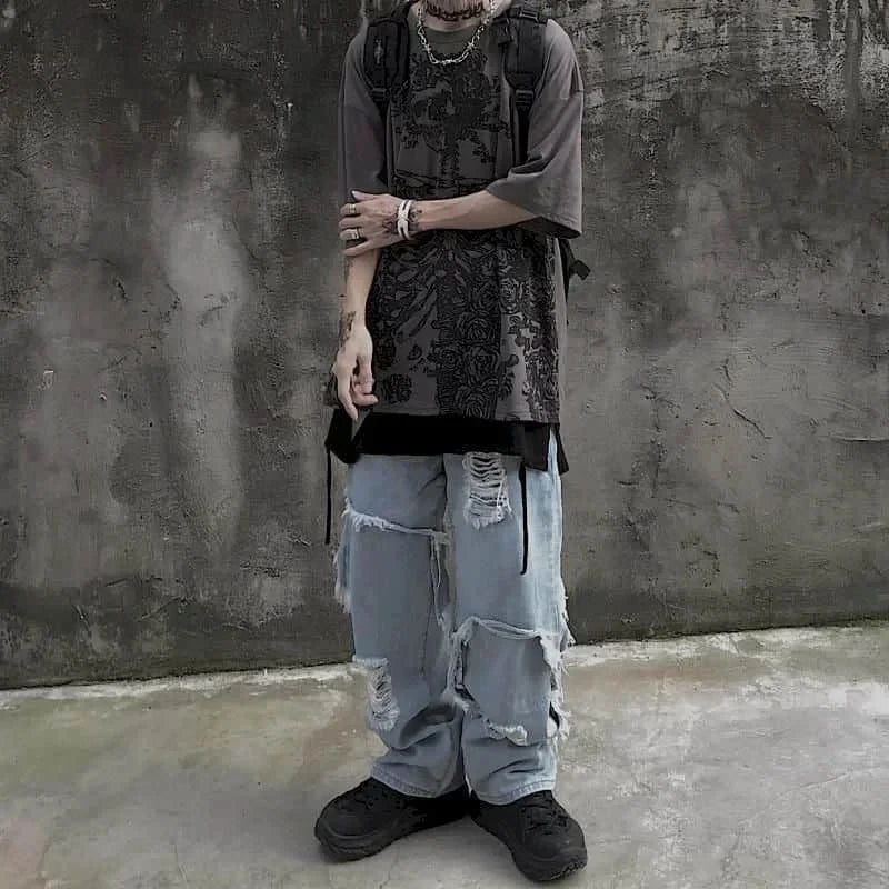 Men T-shirts 2023 Summer Streetwear High Street Gothic Skull Tshirt Loose Oversized Short-sleeved T shirt Dark Anime Men Y2k Top - Snug & Style