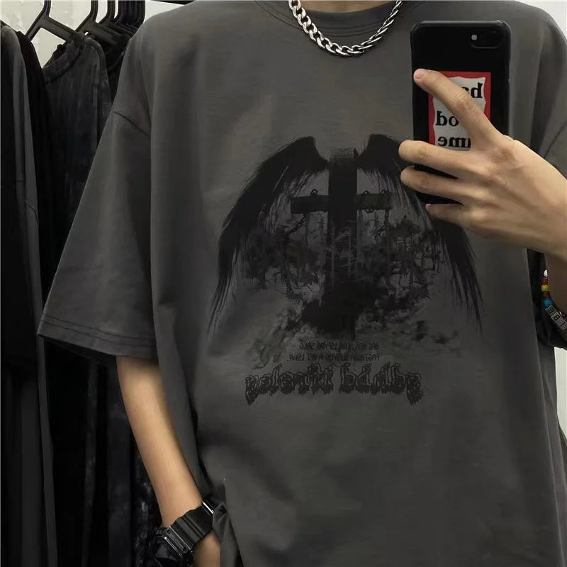 Men T-shirts 2023 Summer Streetwear High Street Gothic Skull Tshirt Loose Oversized Short-sleeved T shirt Dark Anime Men Y2k Top - Snug & Style
