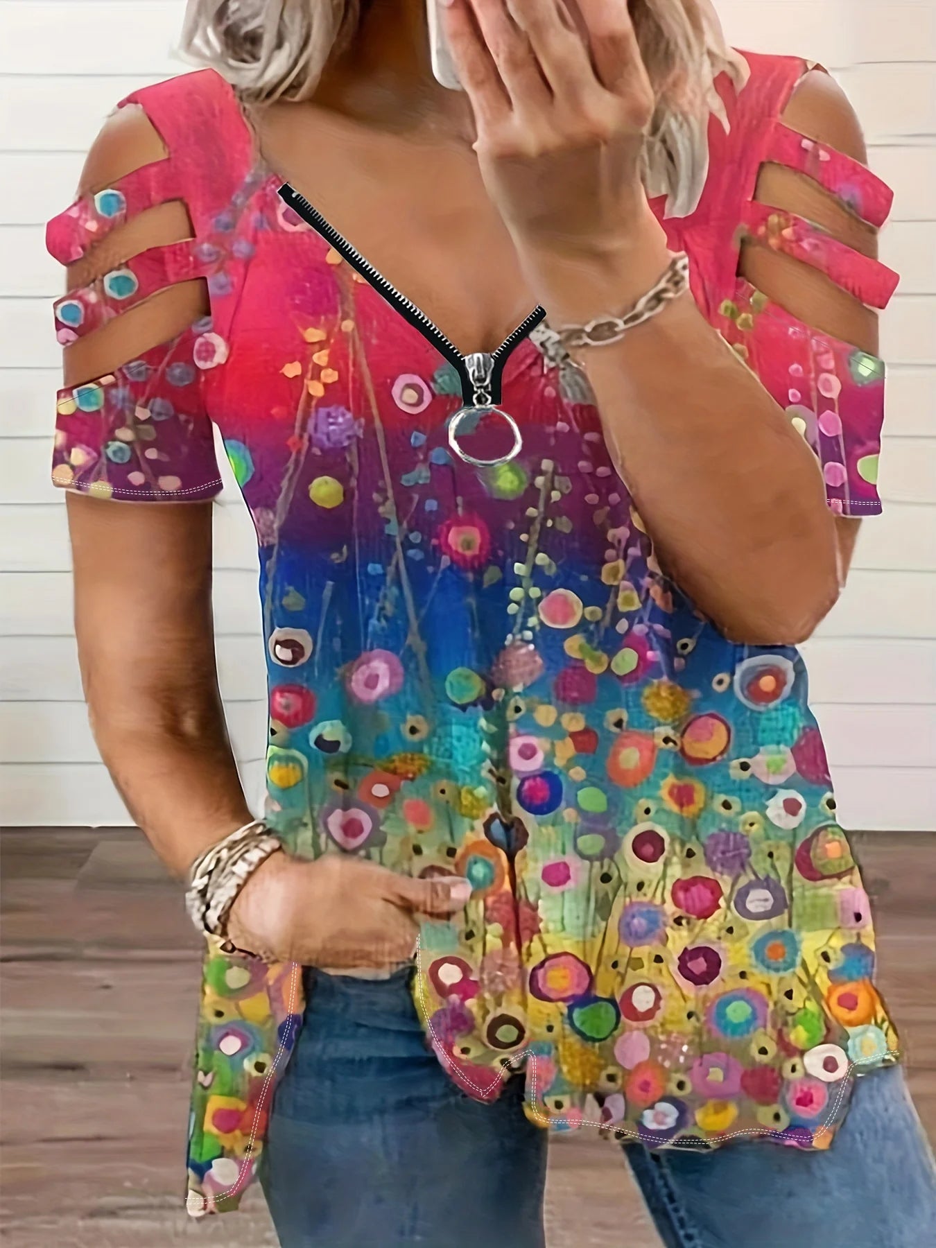 Plus Size Europe and the United States and The United States Cross Border New Women's Printed V-neck Casual T-shirt - Snug & Style