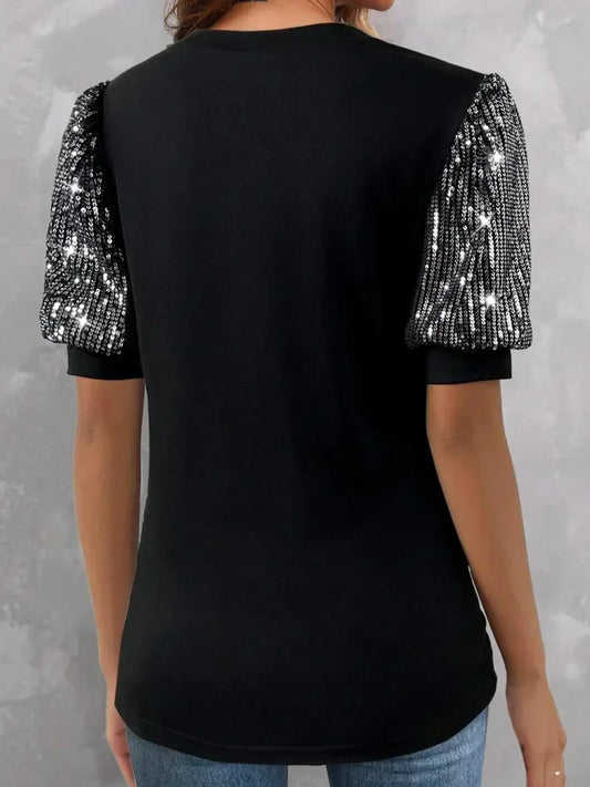 Plus Size 1XL-5XL Women's Color Blocking Sequin T-shirt Summer Lantern Sleeve V-neck Casual Top - Snug & Style