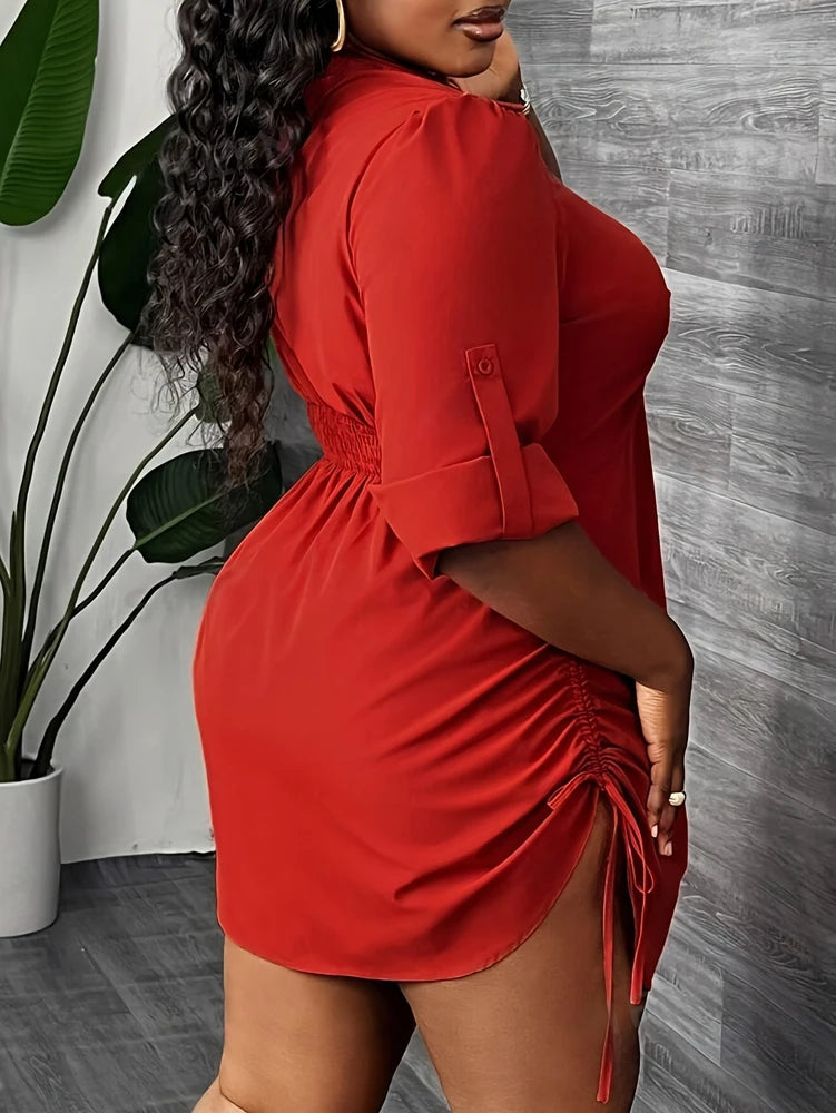 Plus Size Women's Elegant Long Sleeve Shirt Dress for Work, Party and Dating Twisted Front Waist Drawstring, Spring and Autumn - Snug & Style