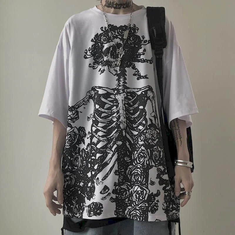 Men T-shirts 2023 Summer Streetwear High Street Gothic Skull Tshirt Loose Oversized Short-sleeved T shirt Dark Anime Men Y2k Top - Snug & Style