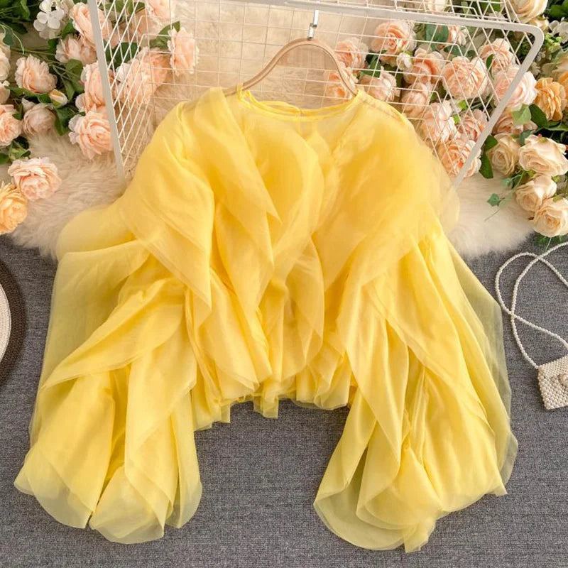 CHICEVER Elegant Shirts For Women O Neck Lantern Long Sleeve Asymmetrical Patchwork Ruffles Mesh Plus Size Blouses Female 2022 - Snug & Style