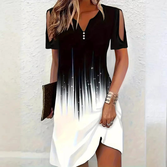 Dresses For Women Summer Casual Plus Size Women Fashion Printed V Neck Cut Out Sleeve Short Sleeved Casual Button платье женское - Snug & Style
