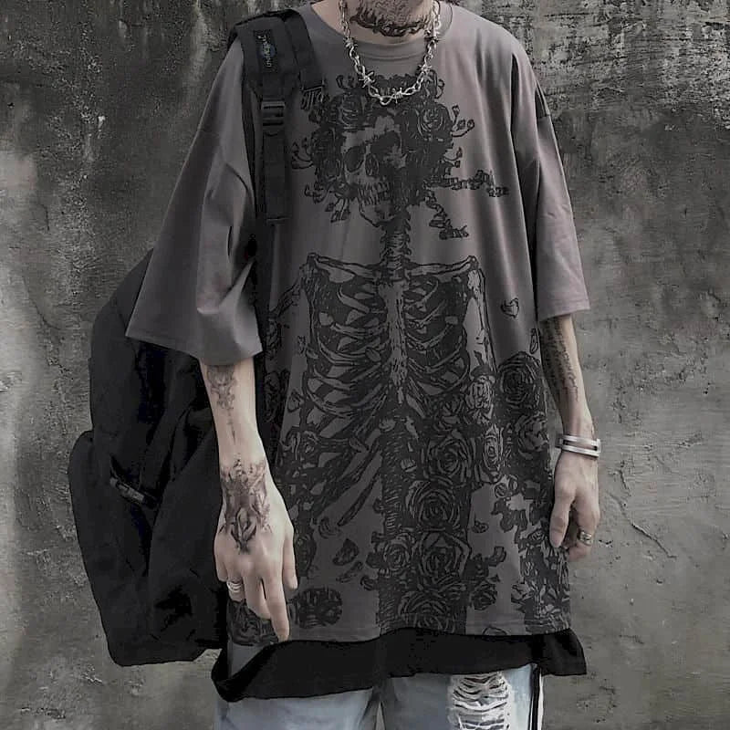 Men T-shirts 2023 Summer Streetwear High Street Gothic Skull Tshirt Loose Oversized Short-sleeved T shirt Dark Anime Men Y2k Top - Snug & Style