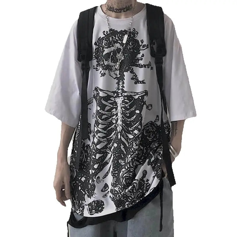 Men T-shirts 2023 Summer Streetwear High Street Gothic Skull Tshirt Loose Oversized Short-sleeved T shirt Dark Anime Men Y2k Top - Snug & Style