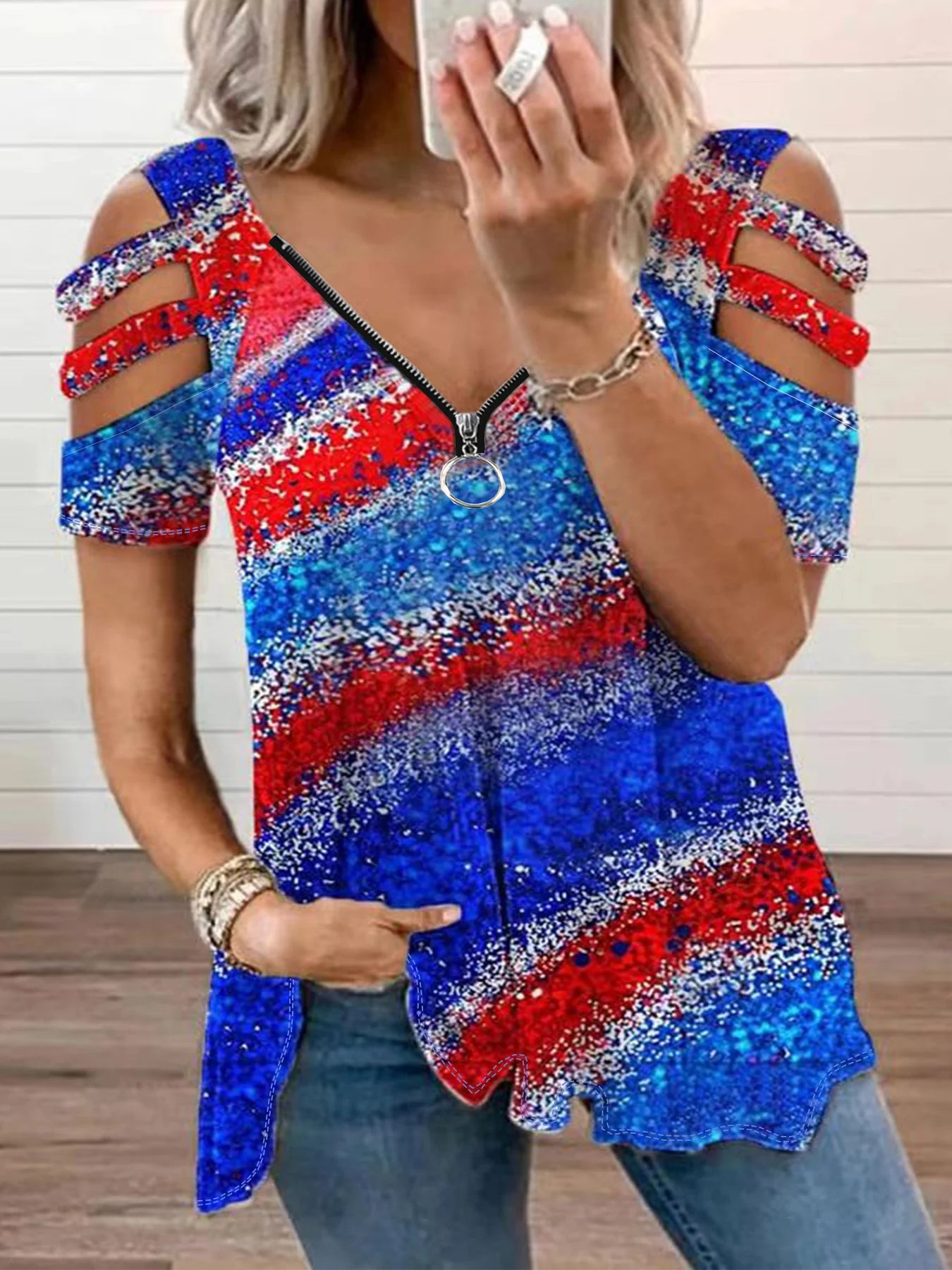 Plus Size Europe and the United States and The United States Cross Border New Women's Printed V-neck Casual T-shirt - Snug & Style