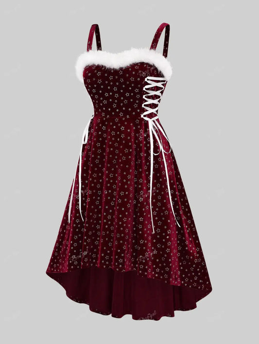 ROSEGAL-Women's Pentagram Print Dresses, Faux Fur, Lace Up, Ruched High Low Dress, Festival Streetwear, Casual Plus Size Vestido - Snug & Style
