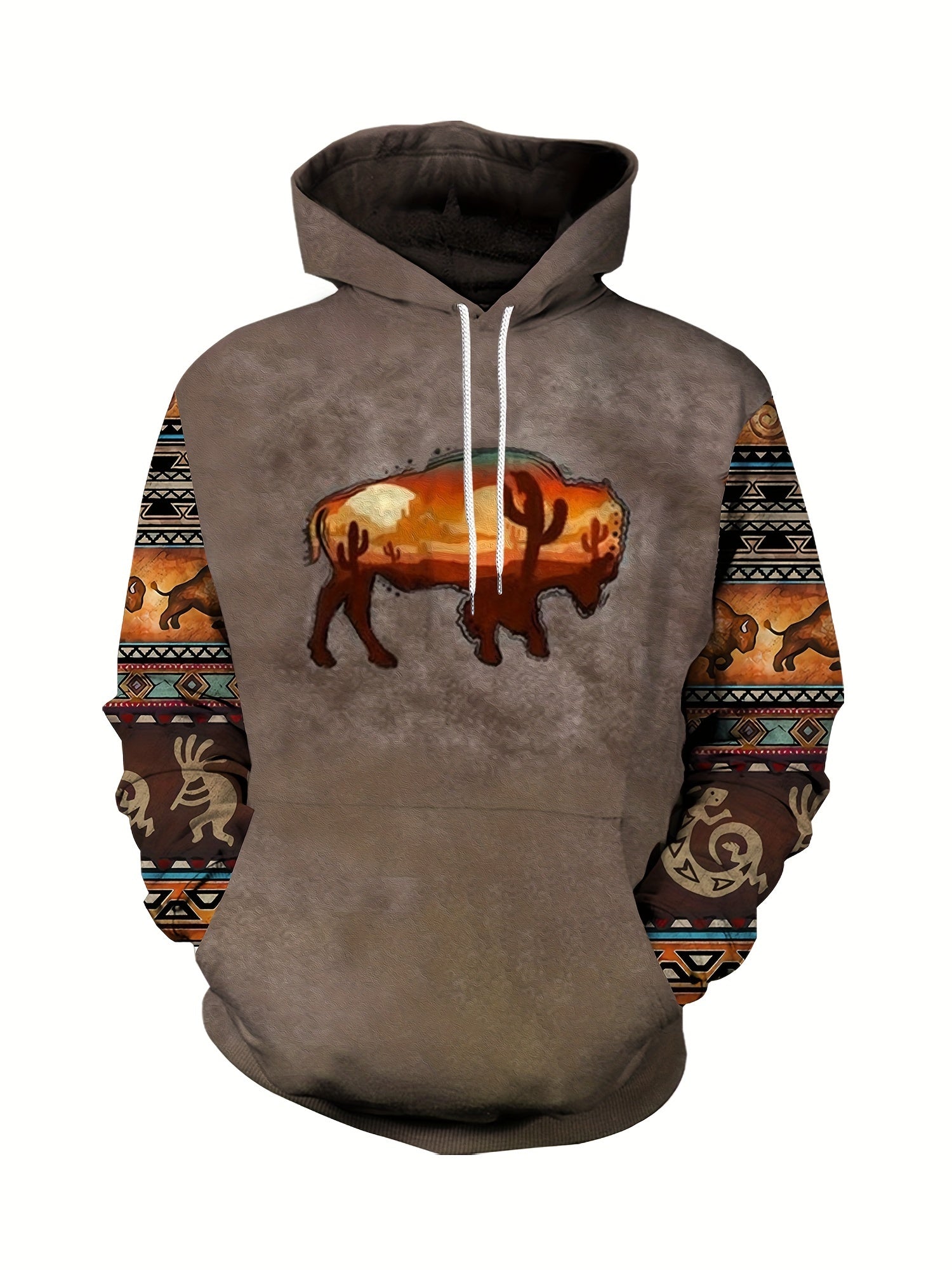 Plus Size Mens Fashion Hoodie with Bold Ethnic Prints & Intricate Bull Skull Design - Warm, Stylish Sweatshirt for Fall Winter - Comfortable Mens Apparel - Snug & Style