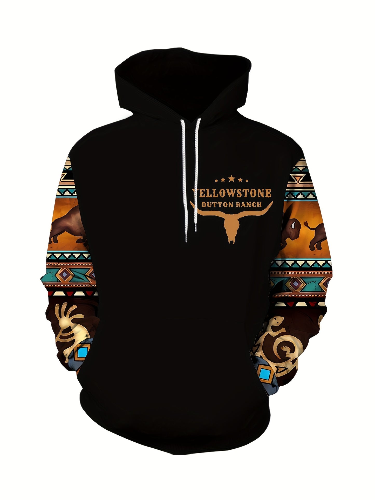 Plus Size Mens Fashion Hoodie with Bold Ethnic Prints & Intricate Bull Skull Design - Warm, Stylish Sweatshirt for Fall Winter - Comfortable Mens Apparel - Snug & Style