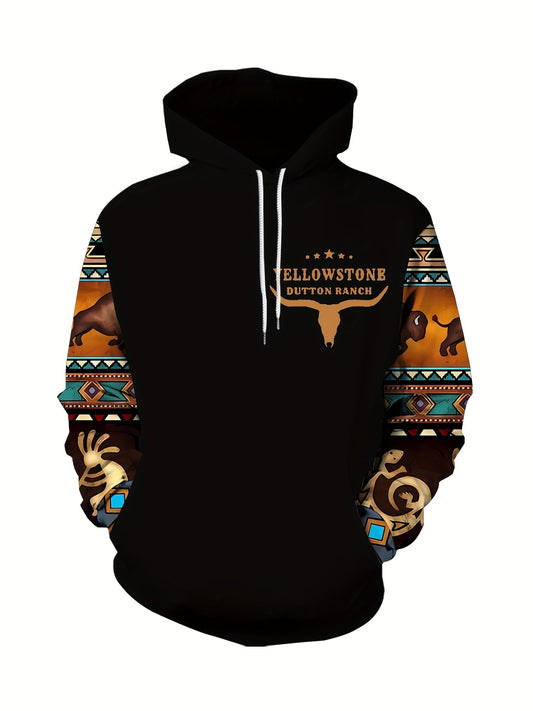 Plus Size Mens Fashion Hoodie with Bold Ethnic Prints & Intricate Bull Skull Design - Warm, Stylish Sweatshirt for Fall Winter - Comfortable Mens Apparel - Snug & Style