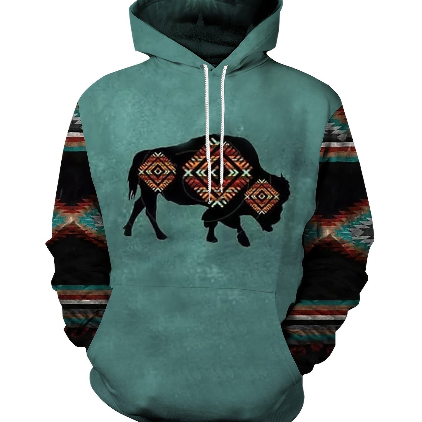 Plus Size Mens Fashion Hoodie with Bold Ethnic Prints & Intricate Bull Skull Design - Warm, Stylish Sweatshirt for Fall Winter - Comfortable Mens Apparel - Snug & Style
