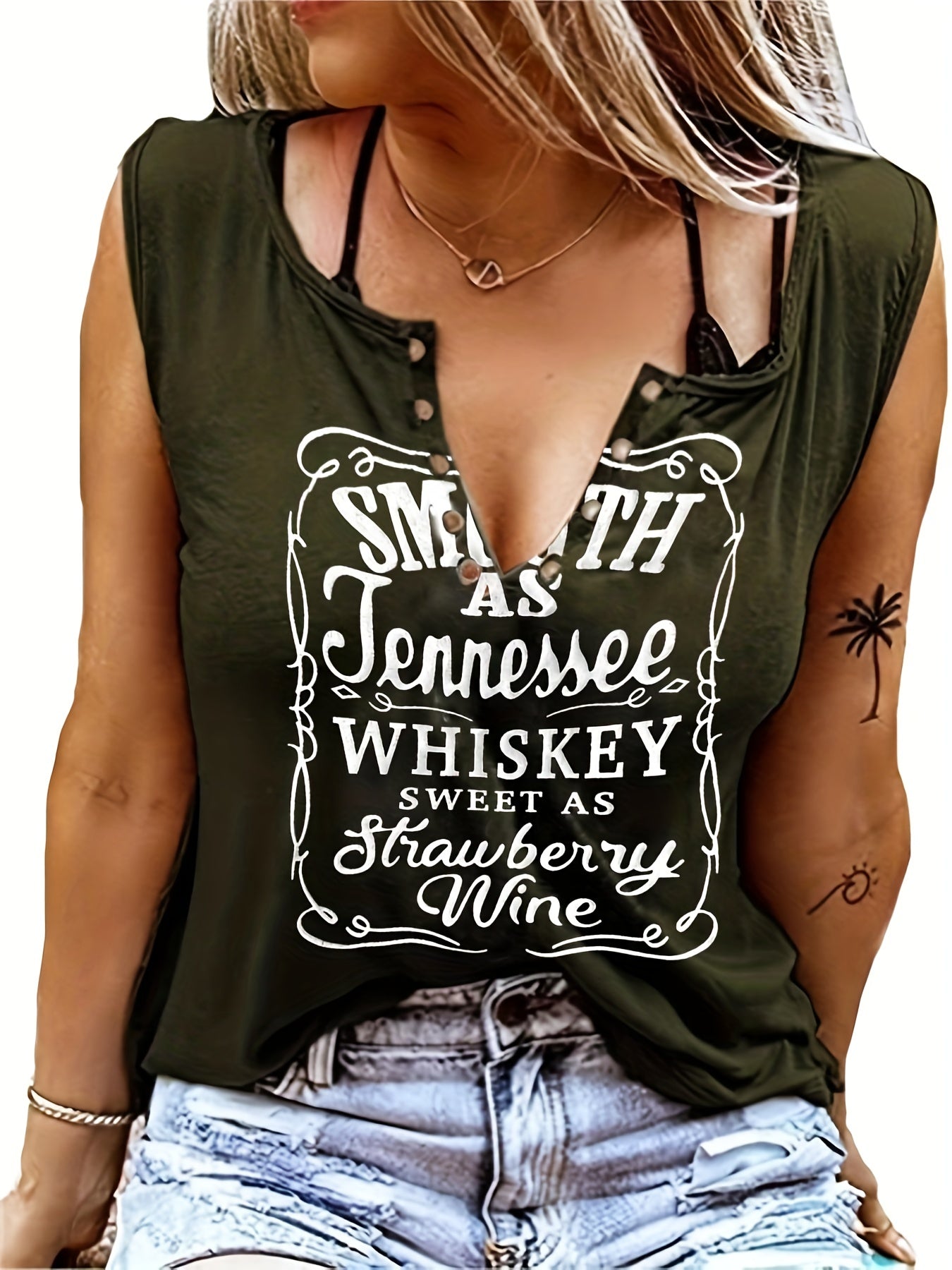 Smooth As Tennessee Whiskey, Sweet As Strawberry Wine" Women's Sleeveless V-Neck Tank Top - Casual, Machine Washable, Polyester Blend with Ring Detail - Perfect for Country Music Nights, Country Music T Shirts - Snug & Style