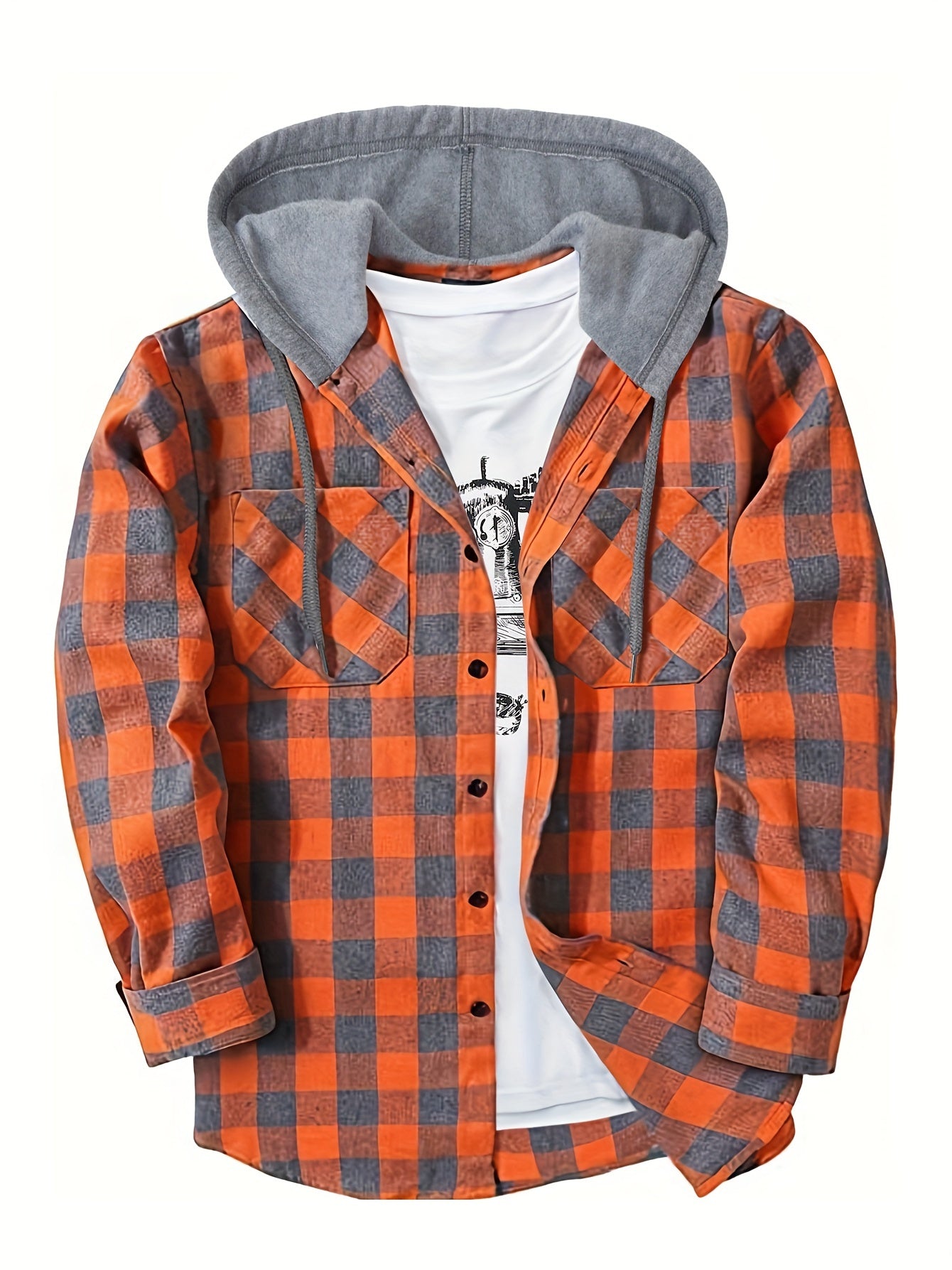 Long Sleeve Casual Regular Fit Button Up Hooded Shirts Jacket, Plaid Shirt Coat For Men - Snug & Style