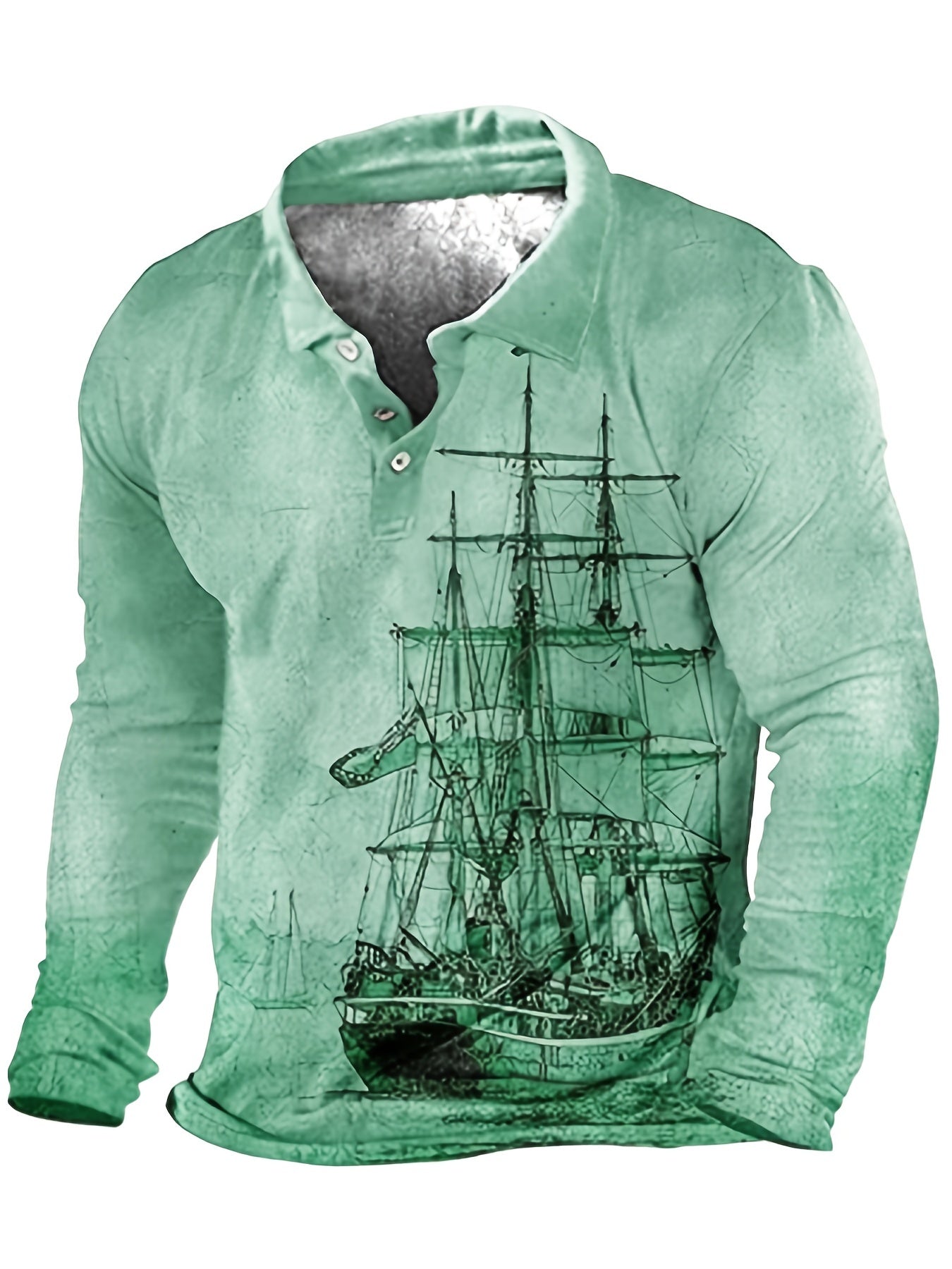 Plus Size Mens Fashion 3D Sailboat Print Lapel Shirt - Oversized Long Sleeve Golf Inspired - Premium Comfort for Spring/Autumn Wear - Trendy Casual Clothing for Males - Snug & Style